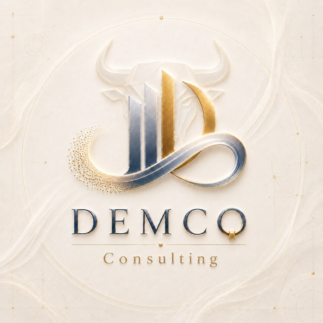 Elegant logo for Demco Consulting with gold and silver accents.