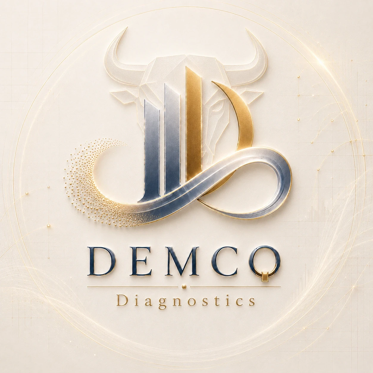 Elegant logo of DEMCO Diagnostics with a bull and infinity symbol in gold and silver.
